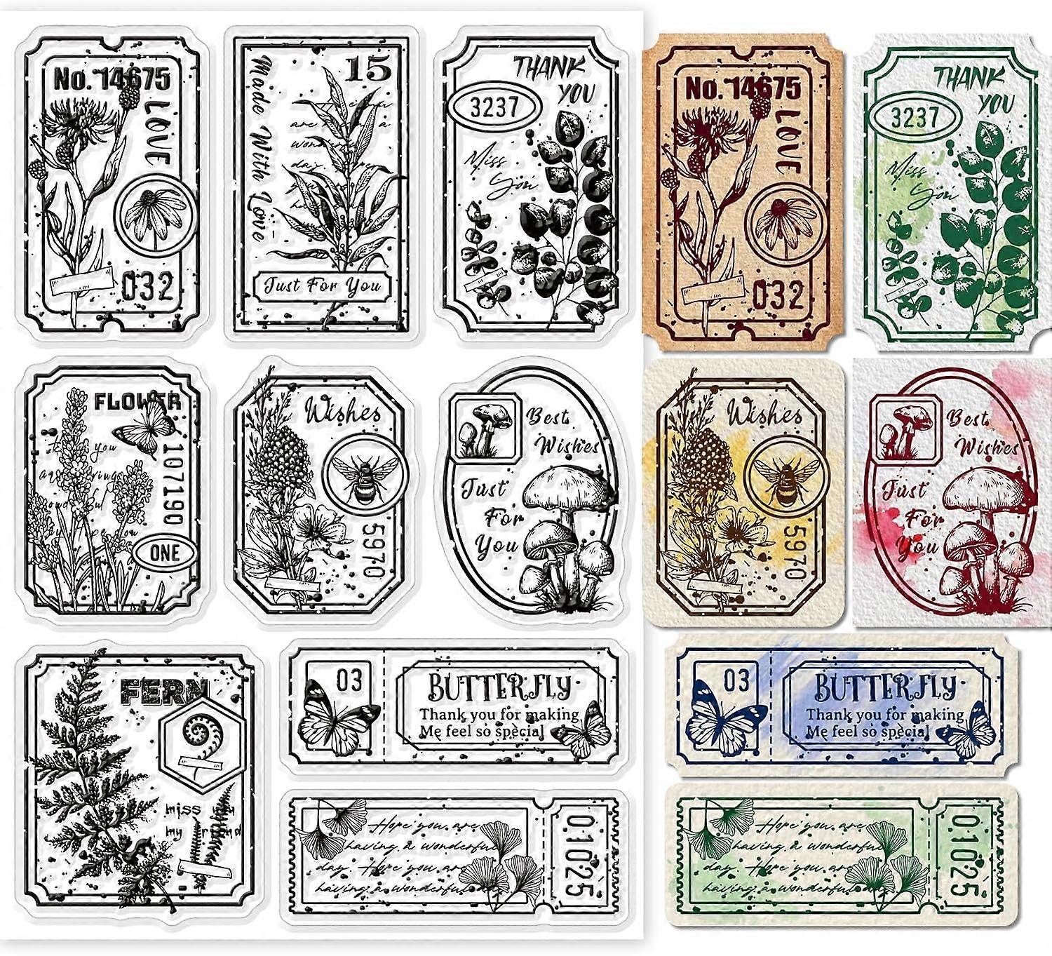 Label Clear Stamp Vintage Flower and Leaf Silicone Clear Stamp Text Background Embossing Stencils Template for DIY Scrapbooking Cards Making Photo Alb