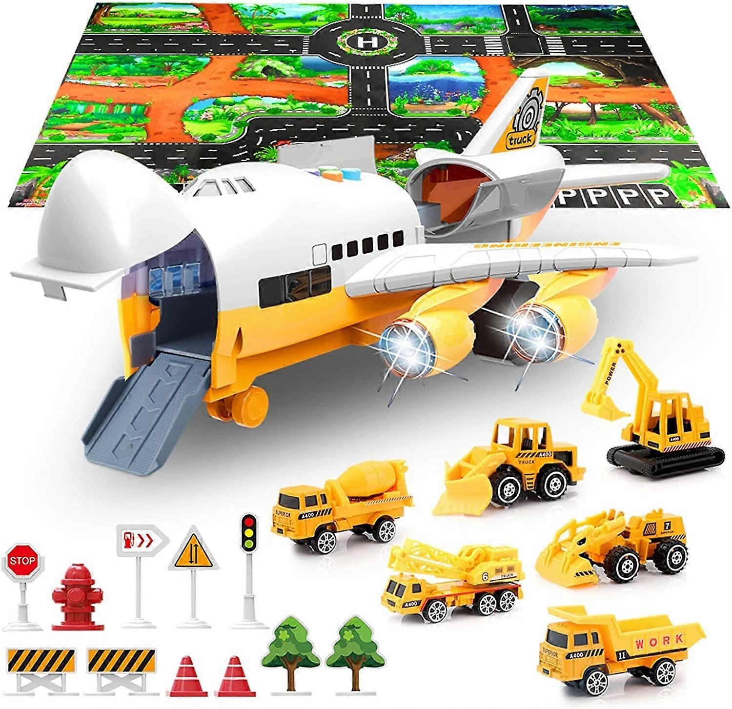 Large Airplane Toy with 6 Construction Trucks Setwithout Play Mat