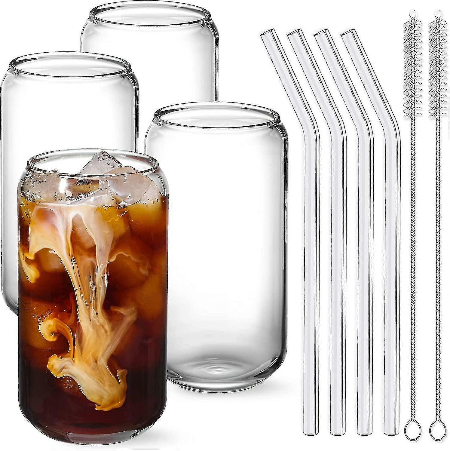 Drinking Glasses With Glass Straw 4pcs Set - 16oz Can Shaped