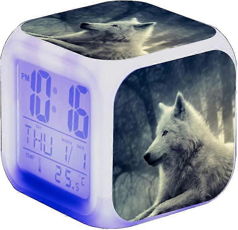 Wolf Led Alarm Clock, Children'S Bedside Alarm Clock, Square, Lighted Lcd Display, Wolf Design (#18)