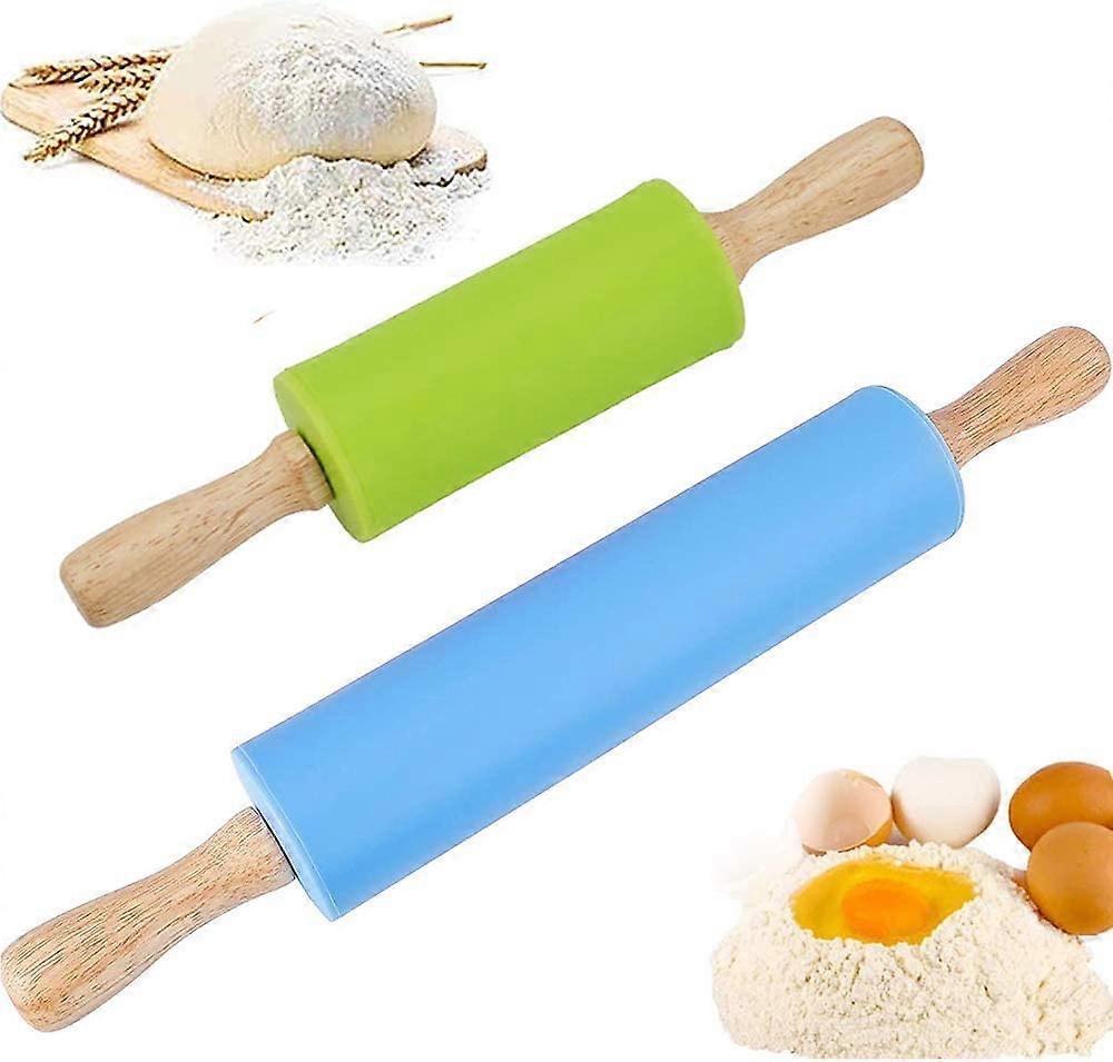 Silicone Solid Wood Handle Roller Nonstick Pins (Blue, Green) 2 Pack