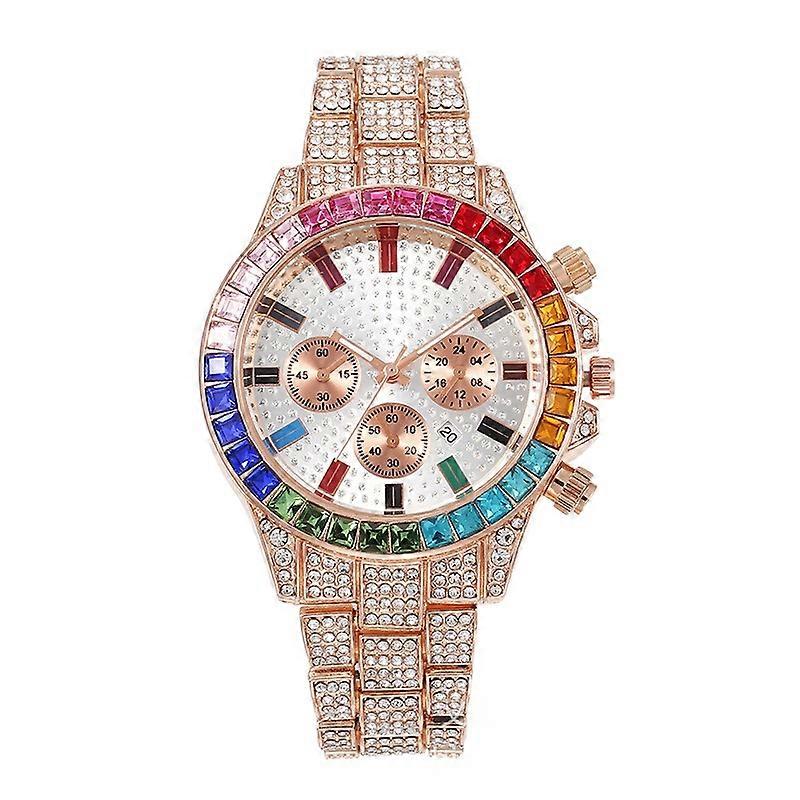 Kronograf Kvarts Klocka Guldfärg/Regnbåge Strass Diamant