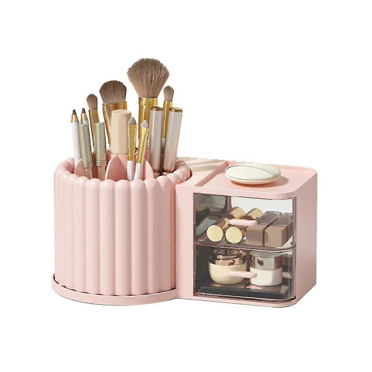Makeup Brush Holder Organizer with 2 Drawers,360 Rotating Makeup Organizer Countertop,Capacity Display Case Pink