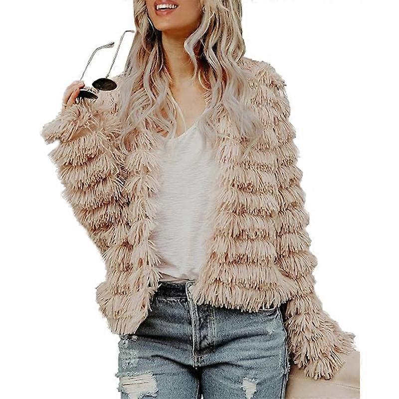 Womens Open Front Cardigan Faux Fur Coat, Vintage Parka Shaggy Jacket
