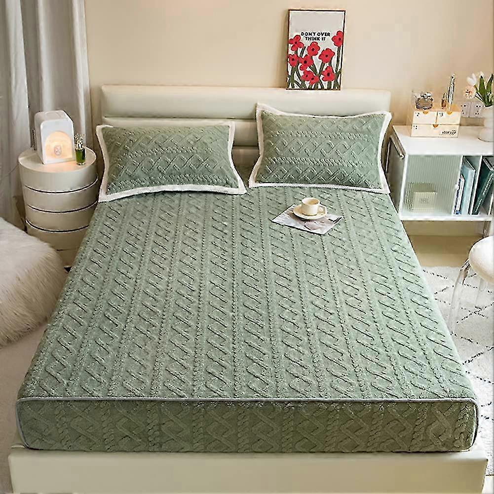 Fluffy Touch Bed Sheet Plush Fleece Fitted Sheet Cozy for Mattress, Geometric Jacquard Pattern, Olive Green-Pair Pillowcases