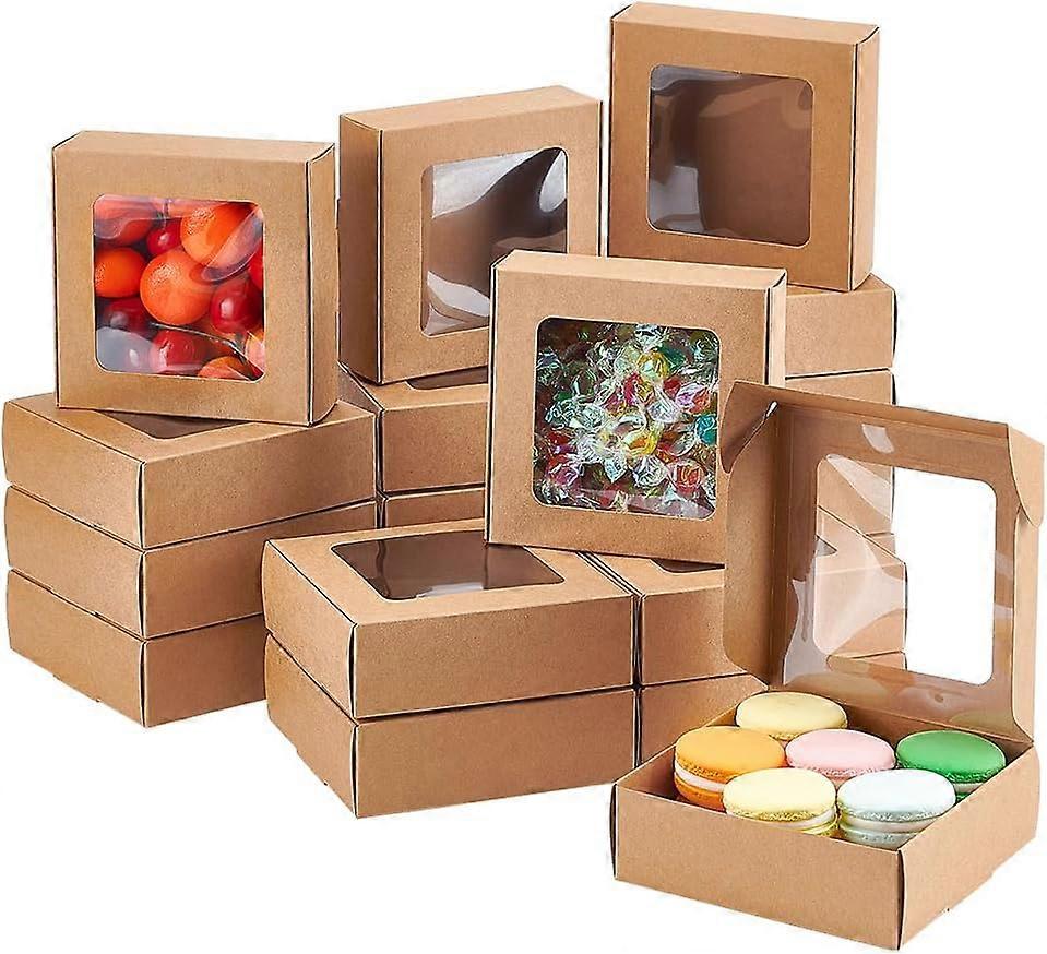 20 Packs 5x5x1.6 Inch Brown Kraft Paper Box with Clear Window Bakery Boxes Foldable Paper Gift Boxes for Display Cookie Donut Pie Muffin Pastry DIY