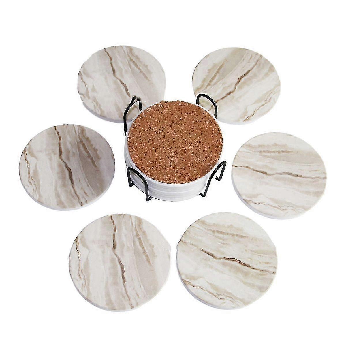 Absorbent Ceramic Coasters, Marble Pattern with Metal Holder, Set of 6