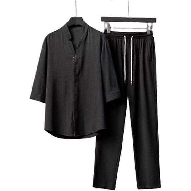 CLOTHING SET 2 Piece Linen Set for Men Summer Outfits for Beach Vacation Casual Black