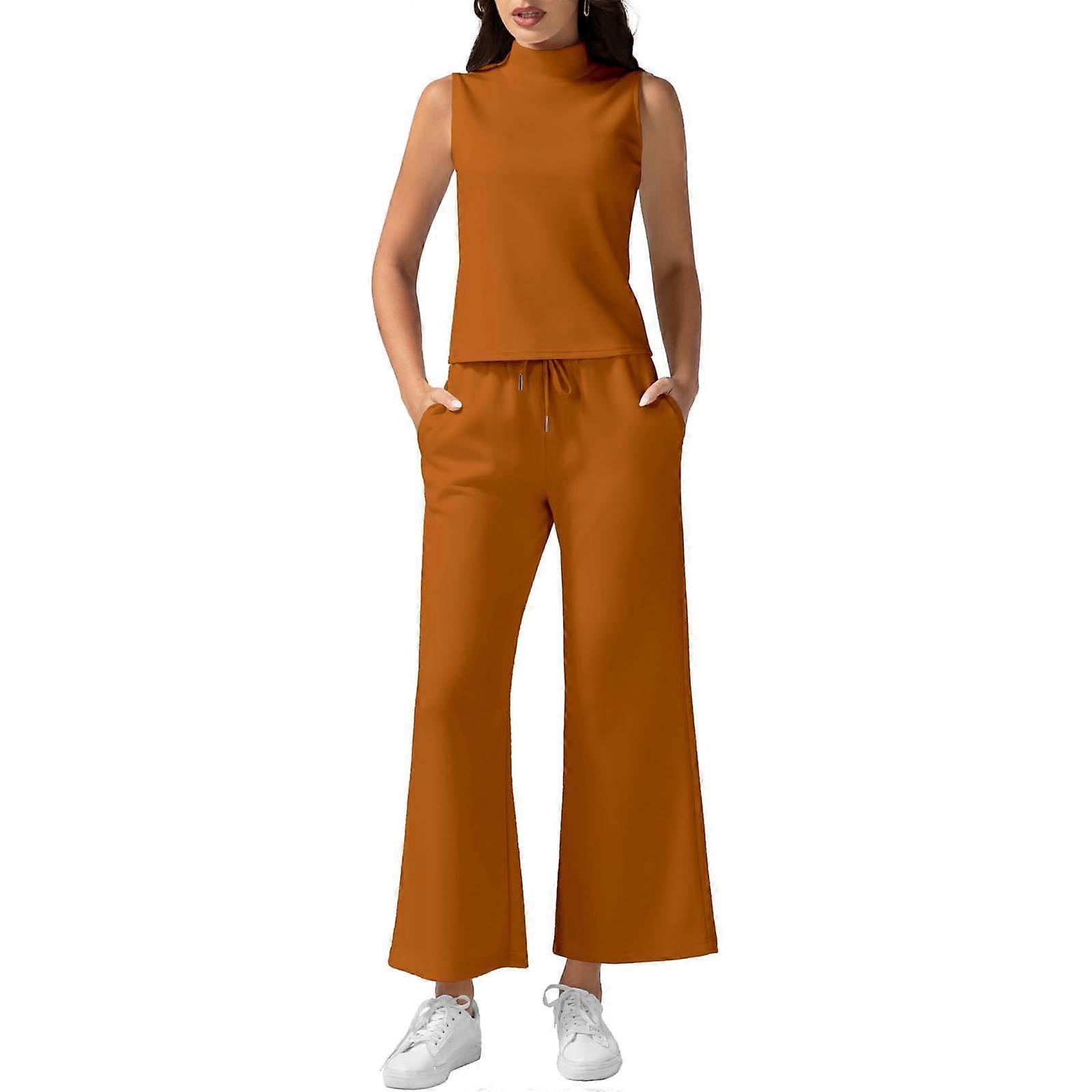 Γυναικεία Στολή 2τμχ με Pocket Sleeveless Crop Tank Top και Κορδόνια Περίσφιξης Wide Leg Pant Loungewear Set Solid Tracksuit Orange XL