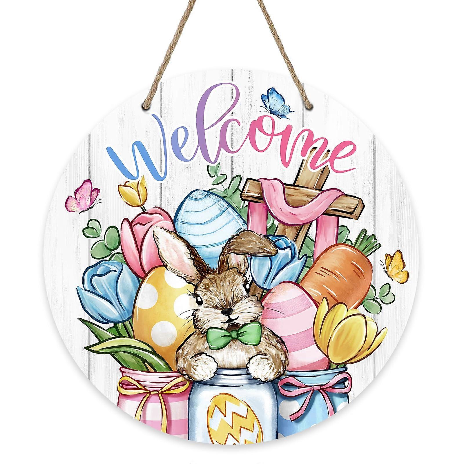 Welcome Easter Bunny Eggs Front Door Sign - Wooden Door Hanger, Cross Motif, Outdoor Veranda Decor, Farmhouse Wreath