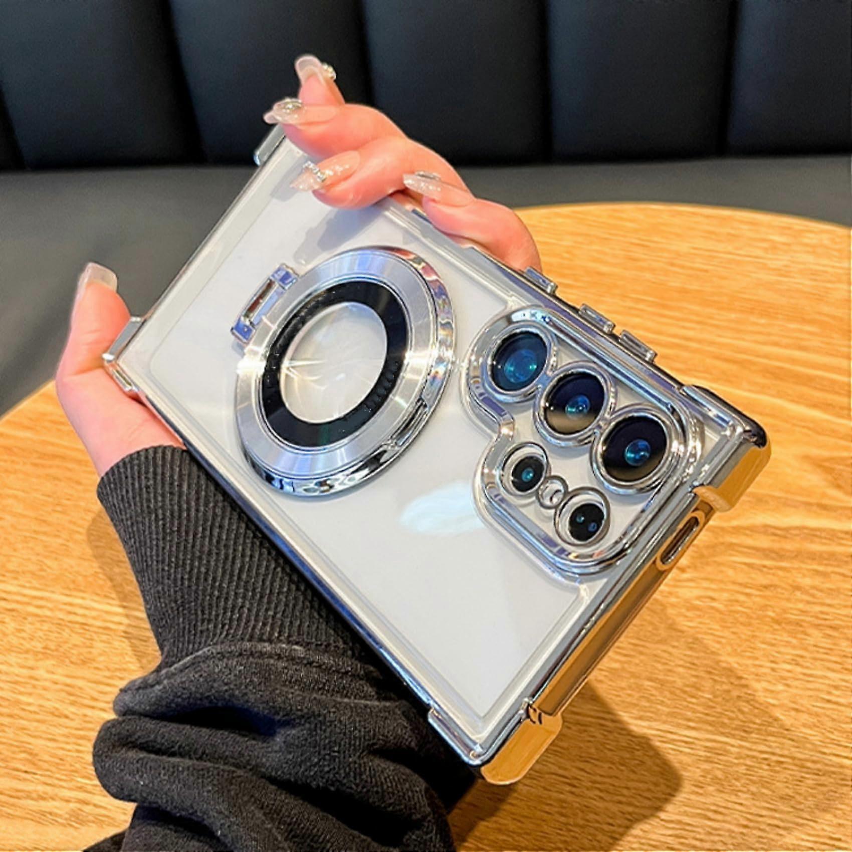 Anti-Fall Phone Case with Invisible Ring Stand for Samsung S21 S22 S23 S24 Ultra Plus, Electroplated Glitter Design, Silver