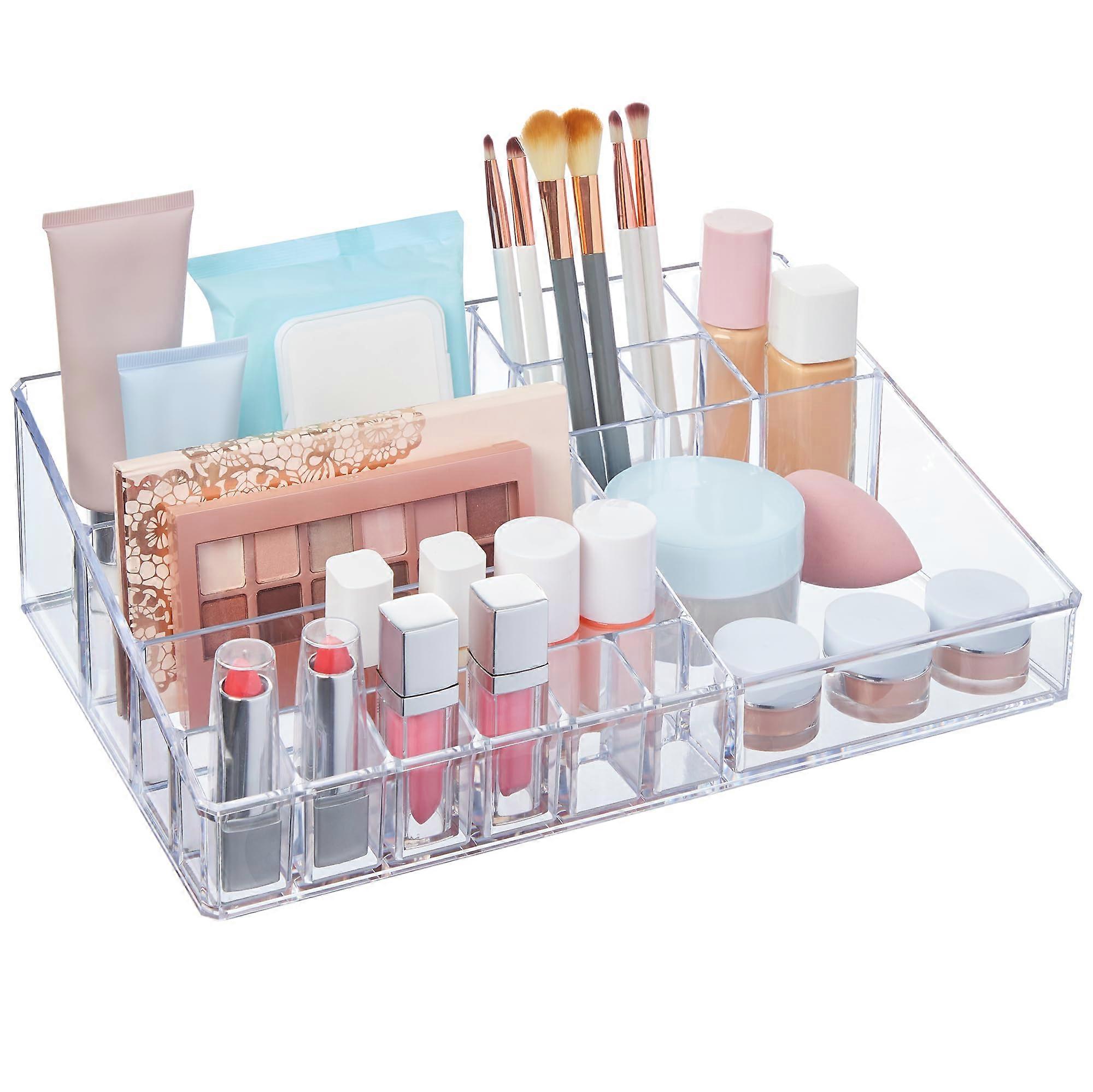 Clear Vanity Makeup Organizer | 15-Compartment Brush Holder and Eyeshadow Palette Storage