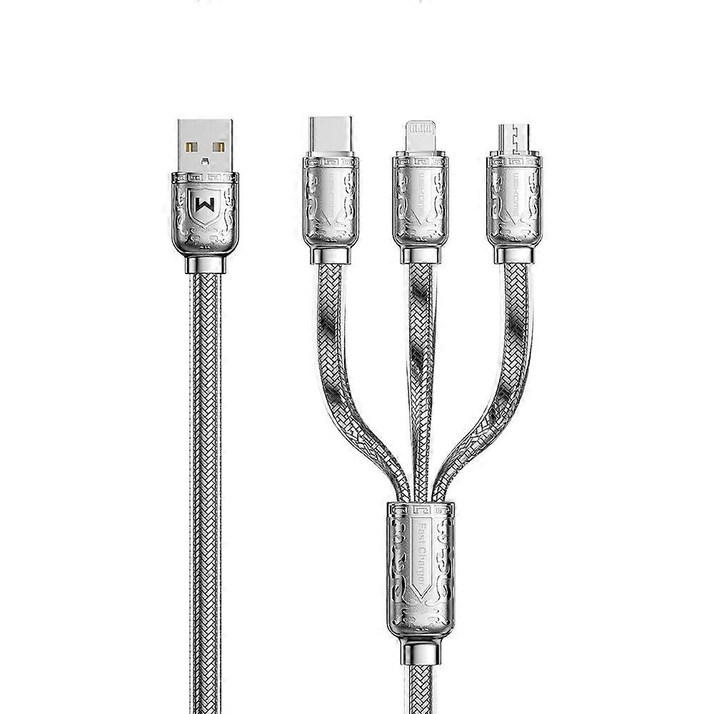 WK WDC-179 6A 3 in 1 USB to 8 Pin+USB-C/Type-C+Micro USB Platinum Fast Charge Data Cable, Length 1.2m (Silver)