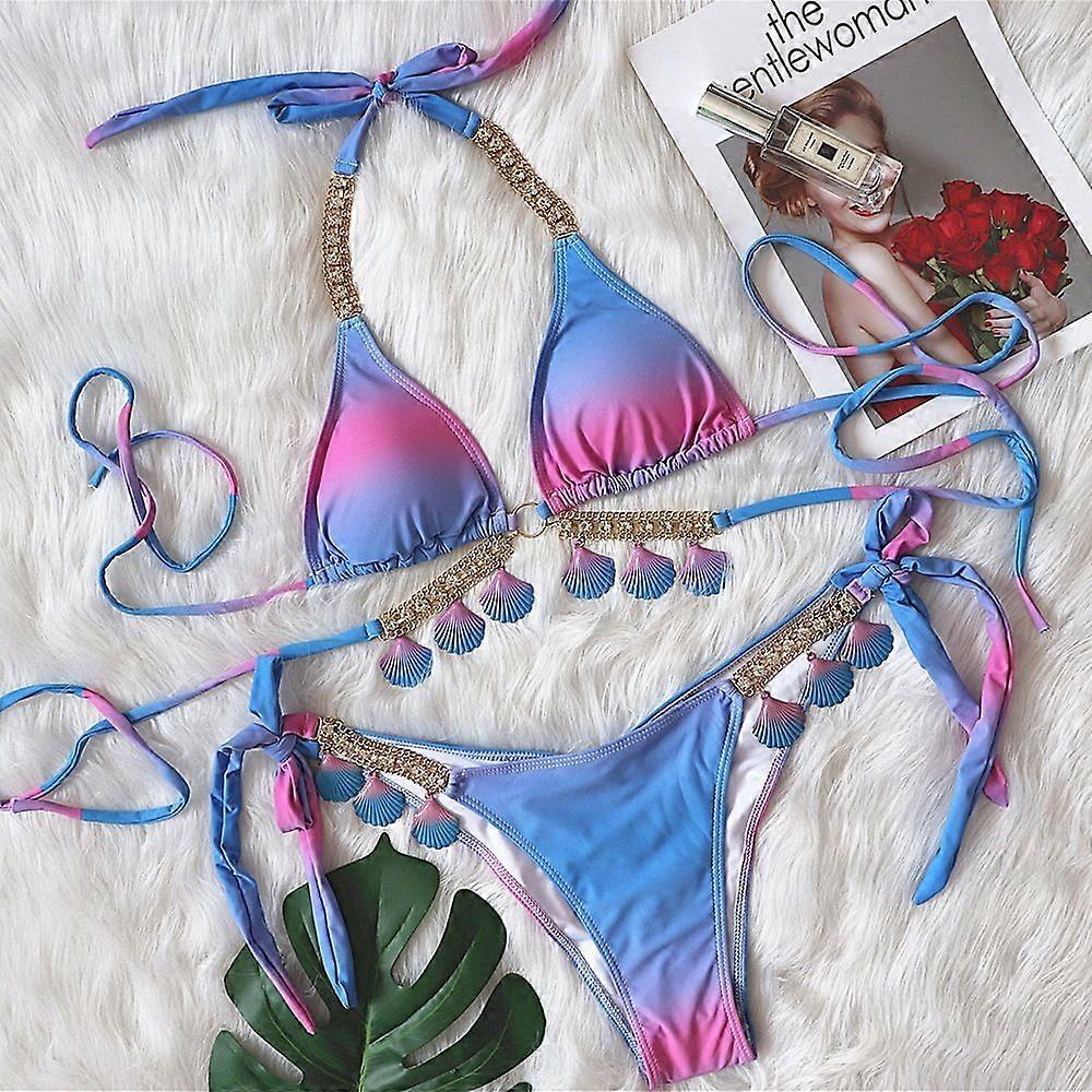 Femmes Haute Coupe String Triangle Lacets Bikini Set Maillots de Bain Sexy Metal shell Crystal Diamond Maillots de bain 2 Piece S violet