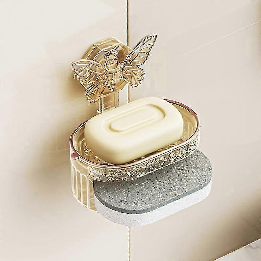 Luxury Creative Butterfly Suction Cup Soap Box Storage Rack, Wall Mounted Double-Layer Drain Soap Box with Sponge Wipe (Gold)