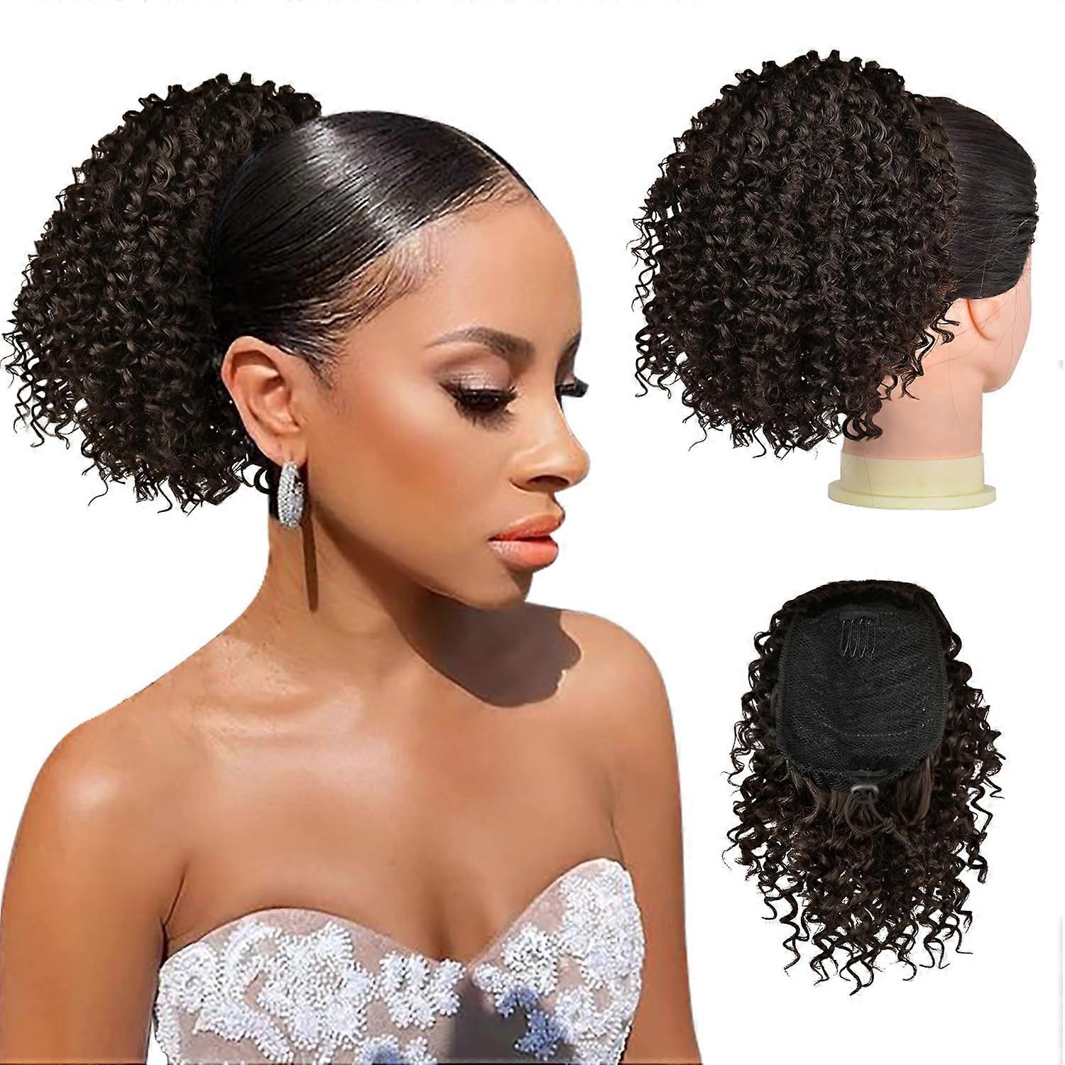 Drawstring Ponytail Extension for Black Women, 6 Inch Curly Synthetic Hairpiece, Short Afro Puff with 2 Clips, Easy to Attach