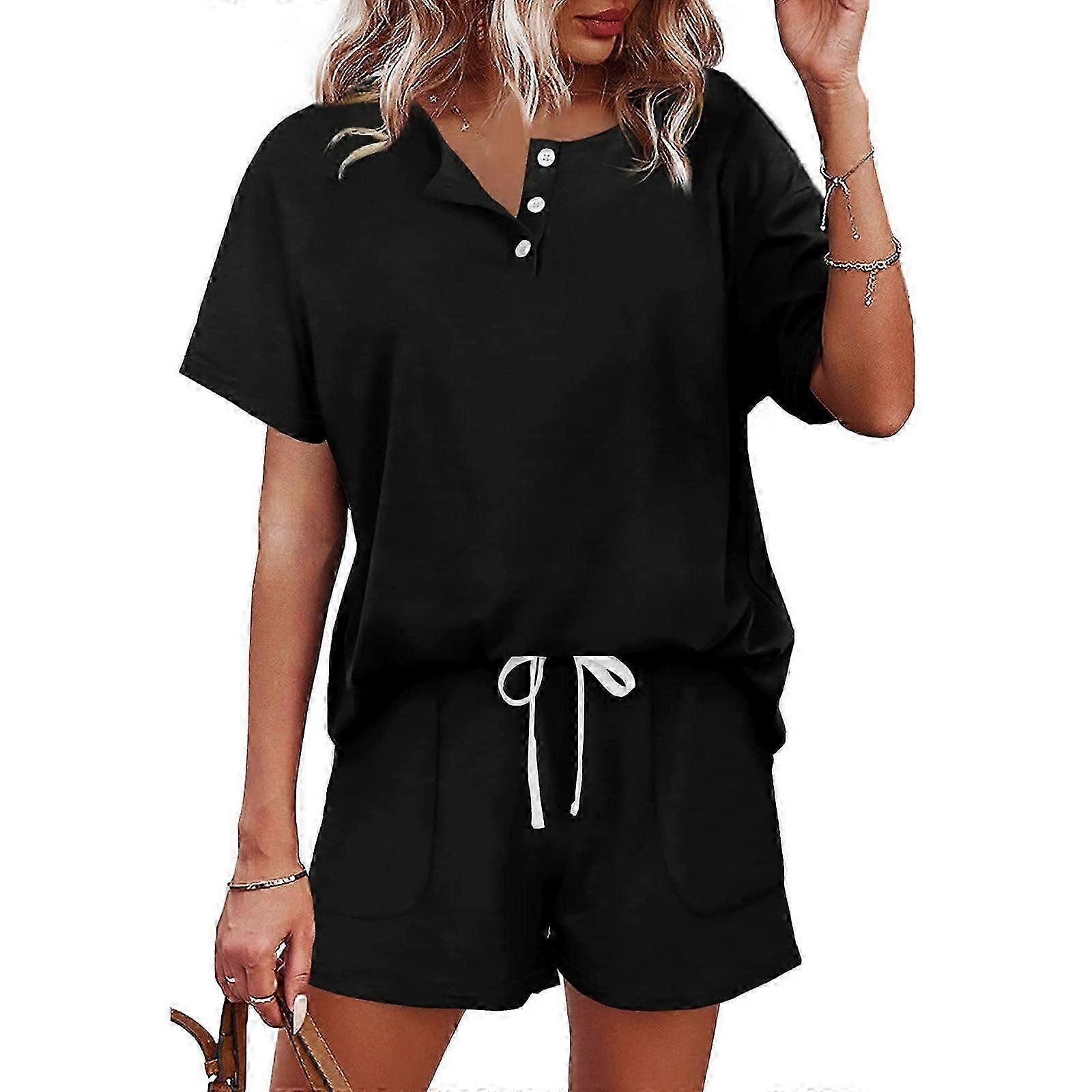 Womens Summer 2 Piece Outfits Lounge Sets Button Down V-Neck Pullover Top and Drawstring Shorts Sweatsuits with Pockets light green 2XL