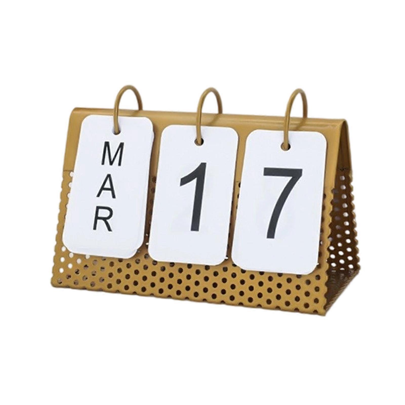 Desk Flip Calendar with Day Month Displays Flipping Permanent Calendar with Metal Frame Stand for Planning Scheduling gold