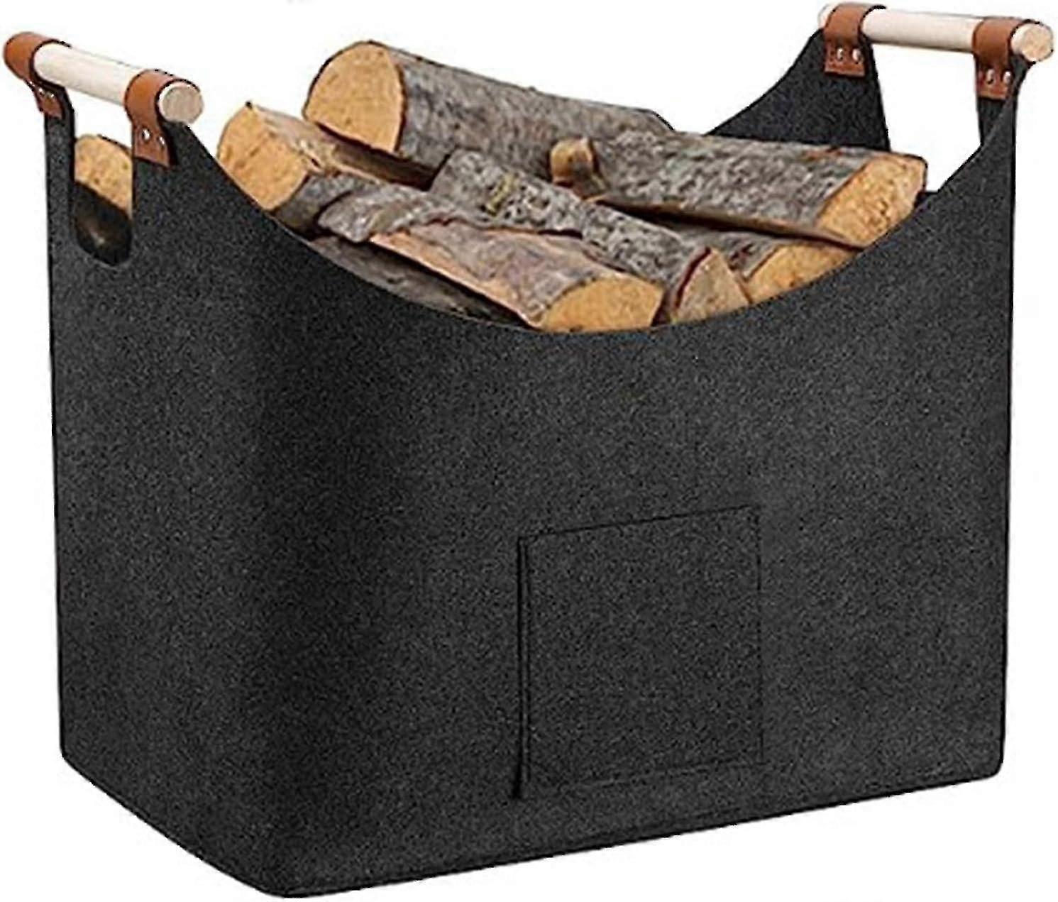Extra Large Firewood Basket with Non-Slip Handles & Front Pocket, Heavy-Duty Felt Log Storage for Indoor/Outdoor Use