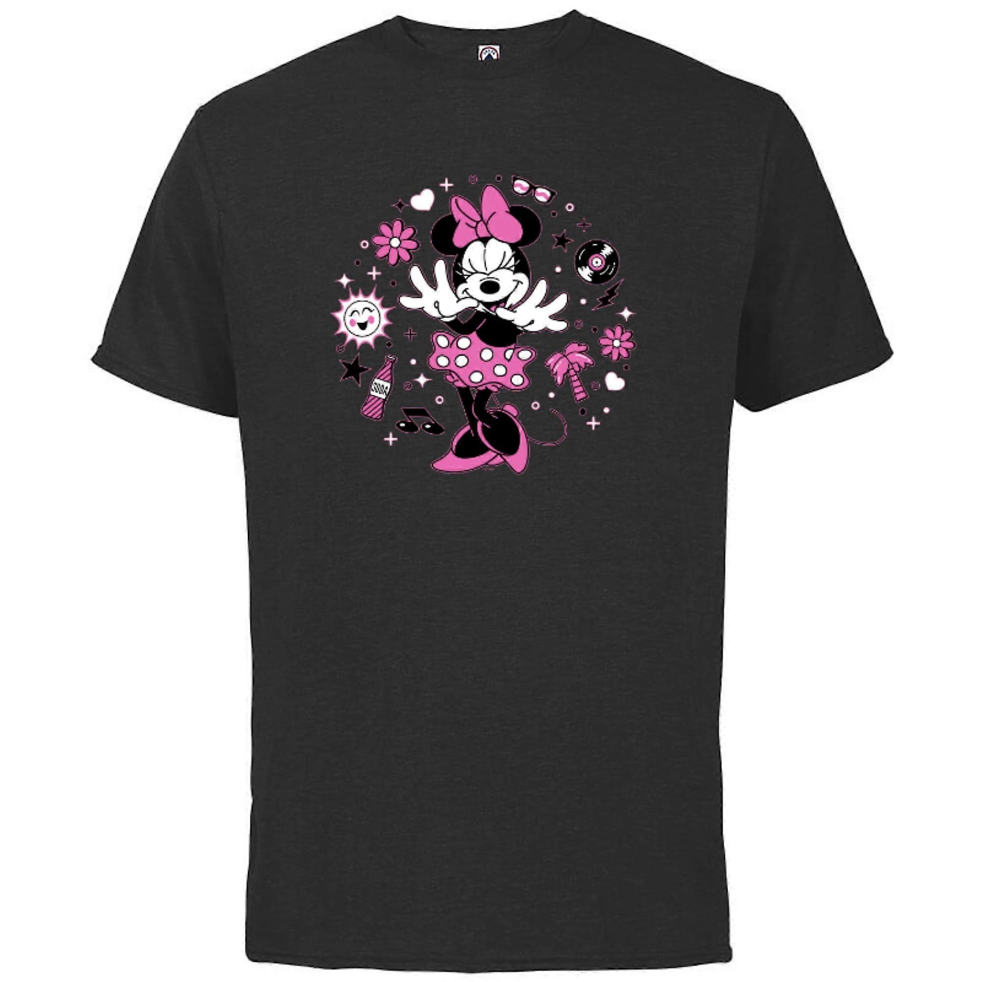 Disney Minnie Mouse Retro Vinyl Summer - Short Sleeve Cotton T-Shirt-Black-Txa82ii487