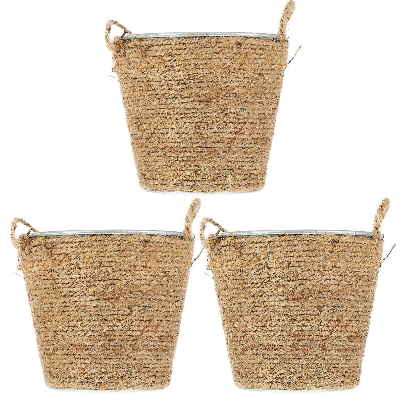 Rustic Iron Bucket Planter with Hemp Rope Handles for Succulents and Flowers Assorted Color 3 Pieces