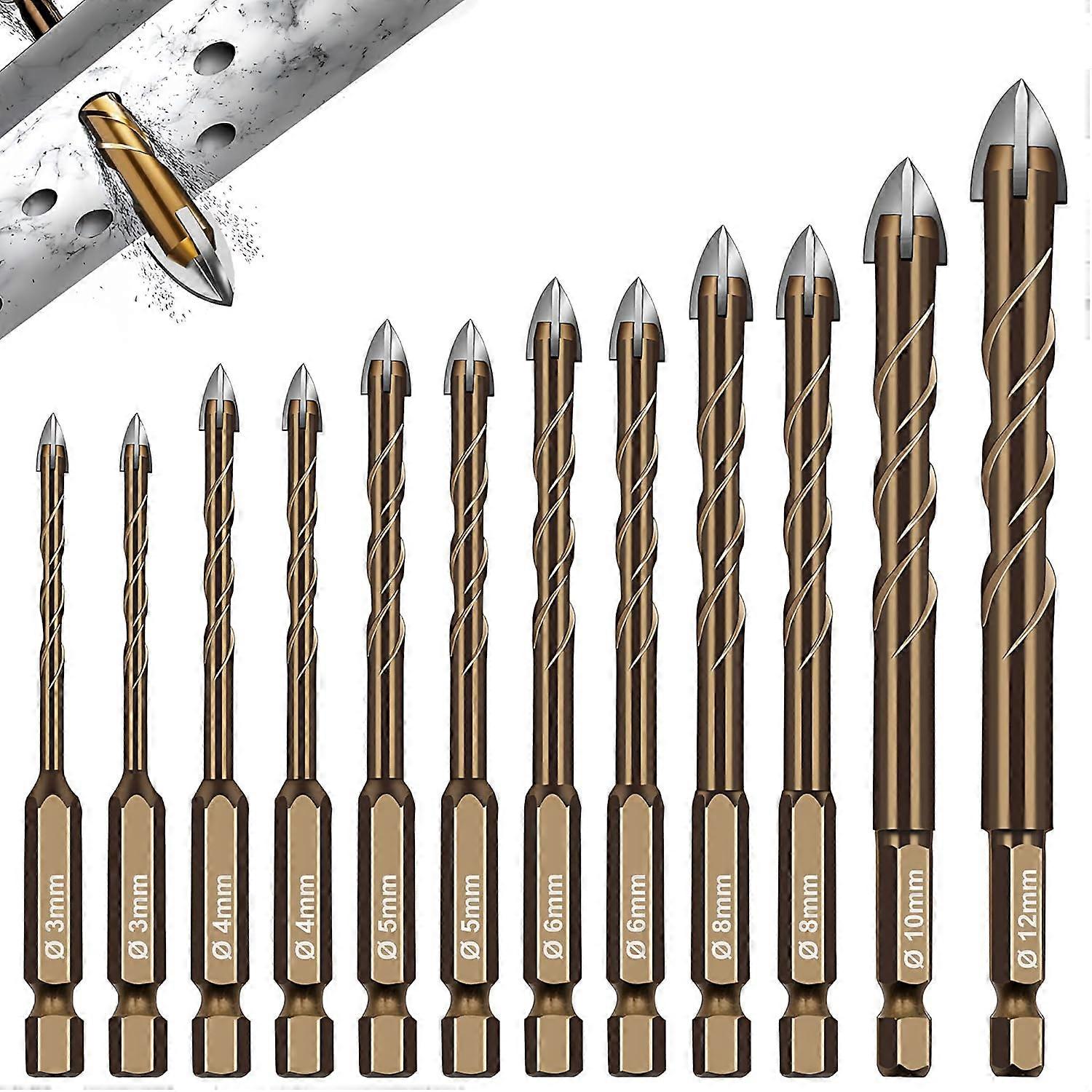 12 Pieces Tile Drill Bit, Diamond Tile Drill Bit Ø 3-12 mm, Hexagonal Tile Bit, for Glass, Metal, Brick, Plastic, Wood