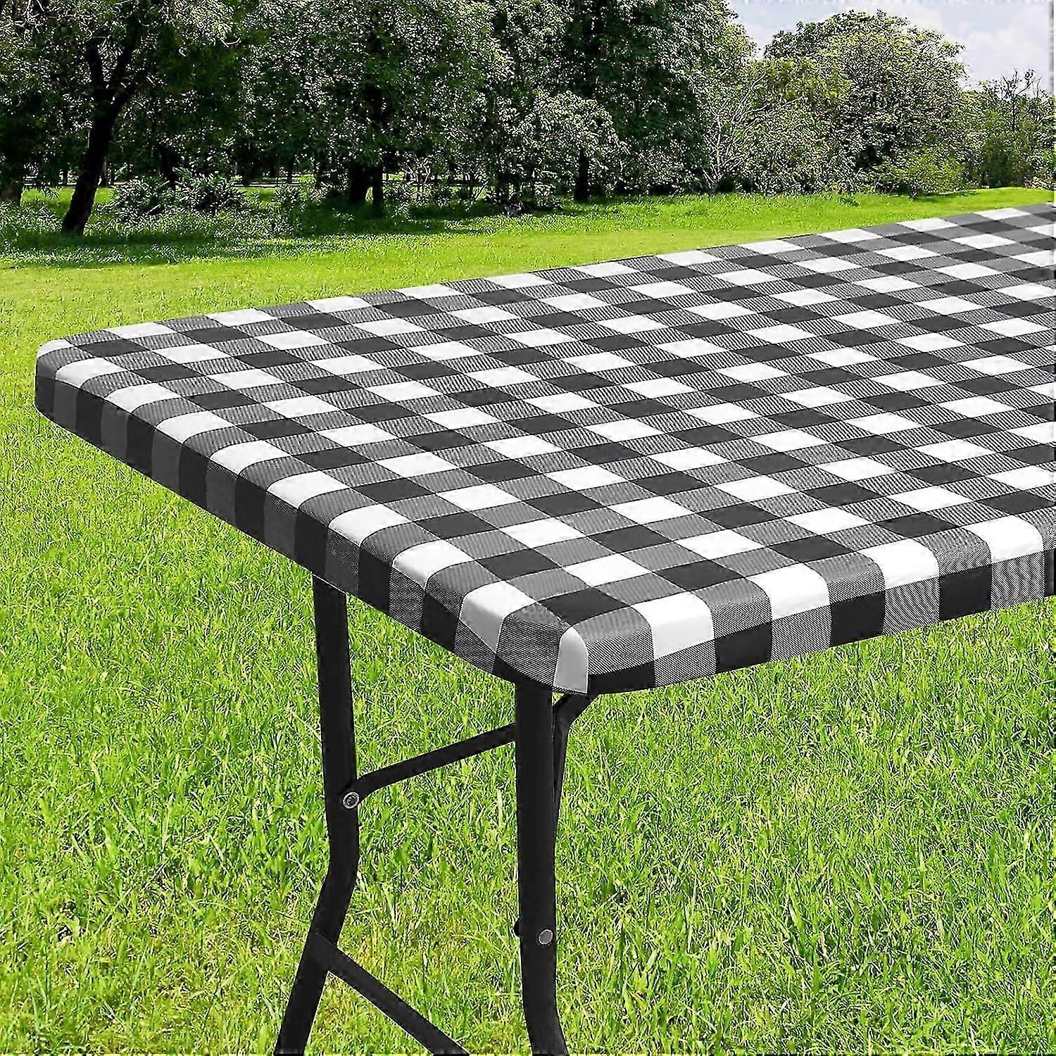 Rectangle Picnic Table Cloth, Elastic Waterproof Fitted Vinyl Tablecloth for 6 FT Tables