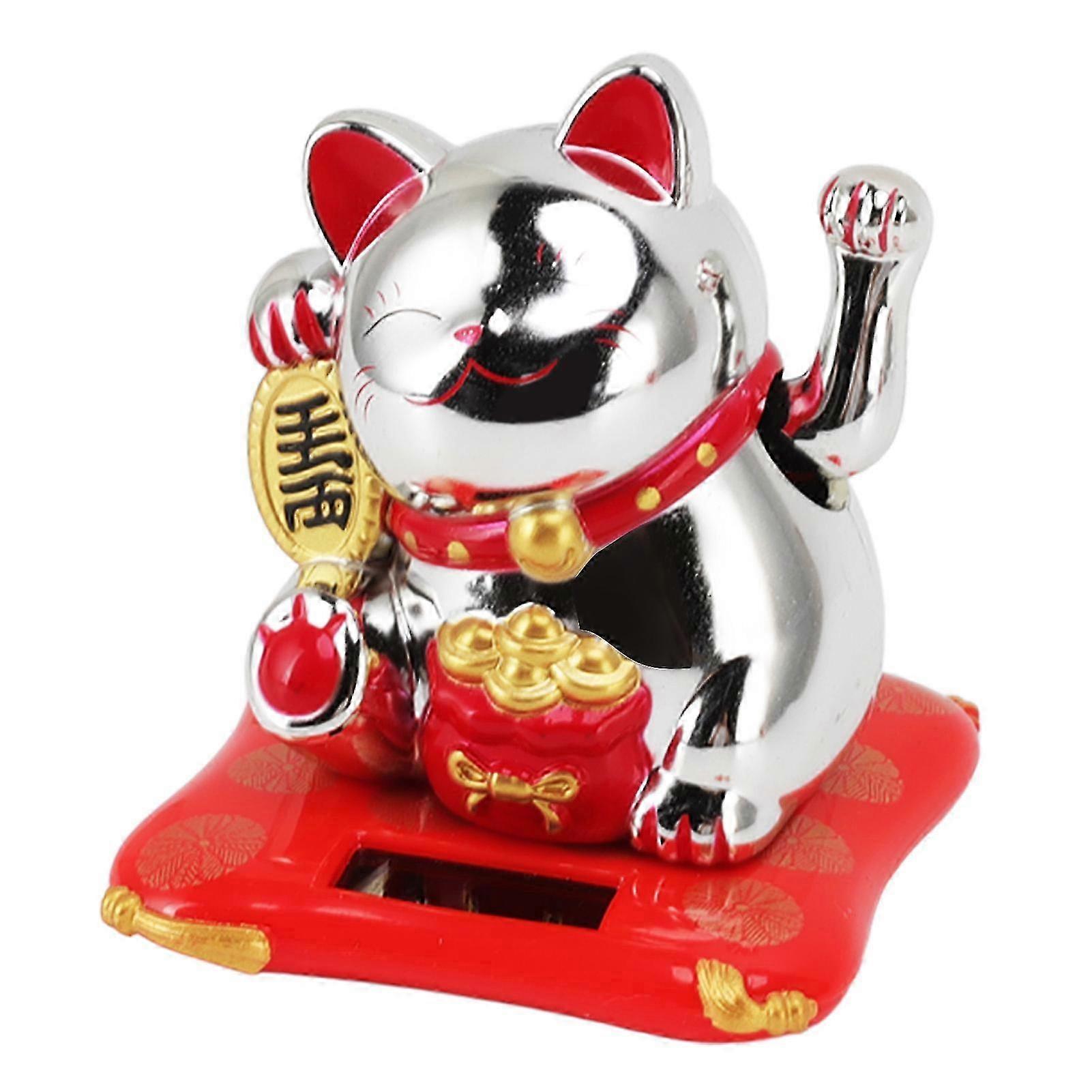 Solar Powered Waving Cat Decorative Statue for Home and Car, Fortune Welcoming Ornament in Silver