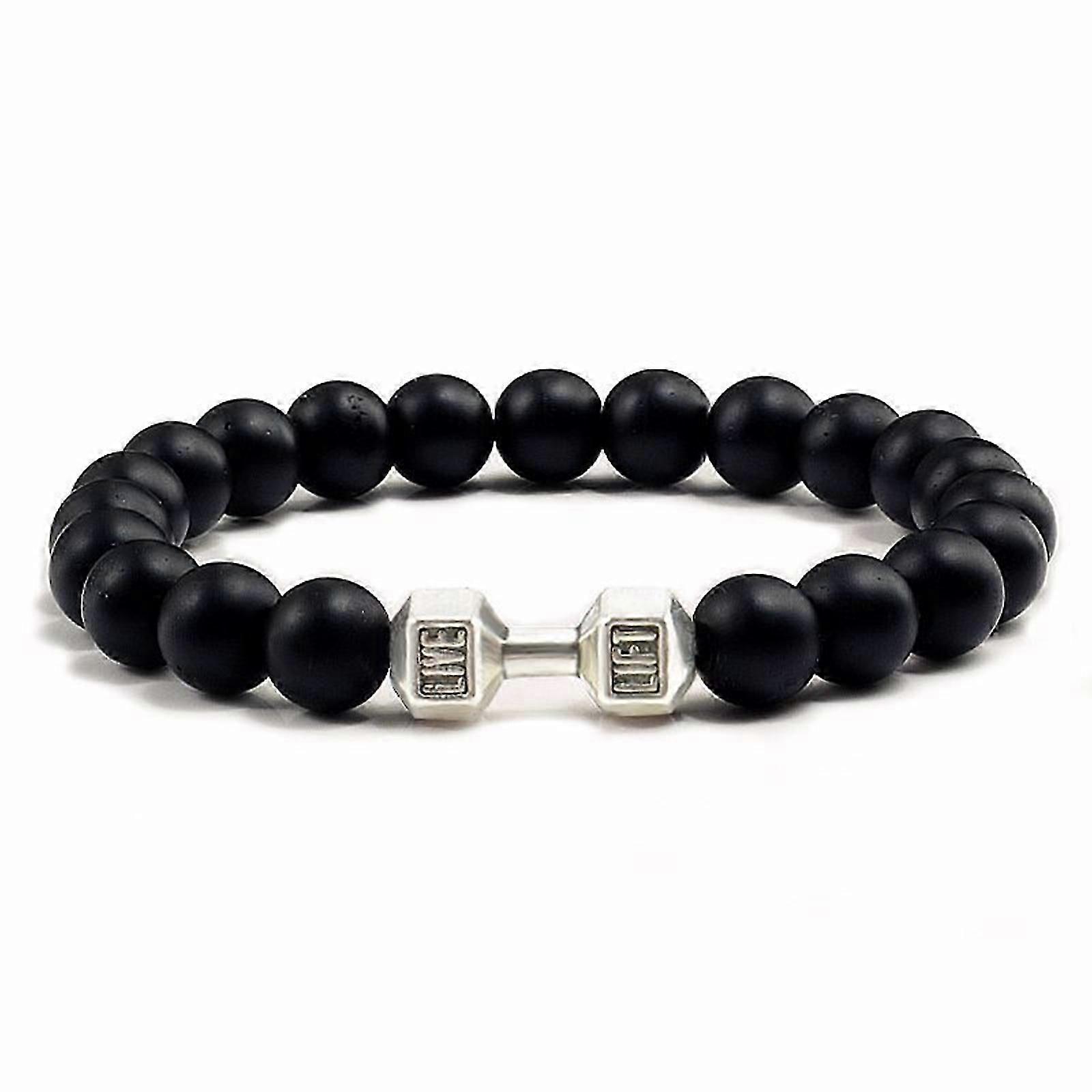 ナチュラルブラック火山溶岩ストーンダンベルブレスレットブラックマットビーズブレスレット女性用メンズフィットネスバーベルジュエリーパルセラス