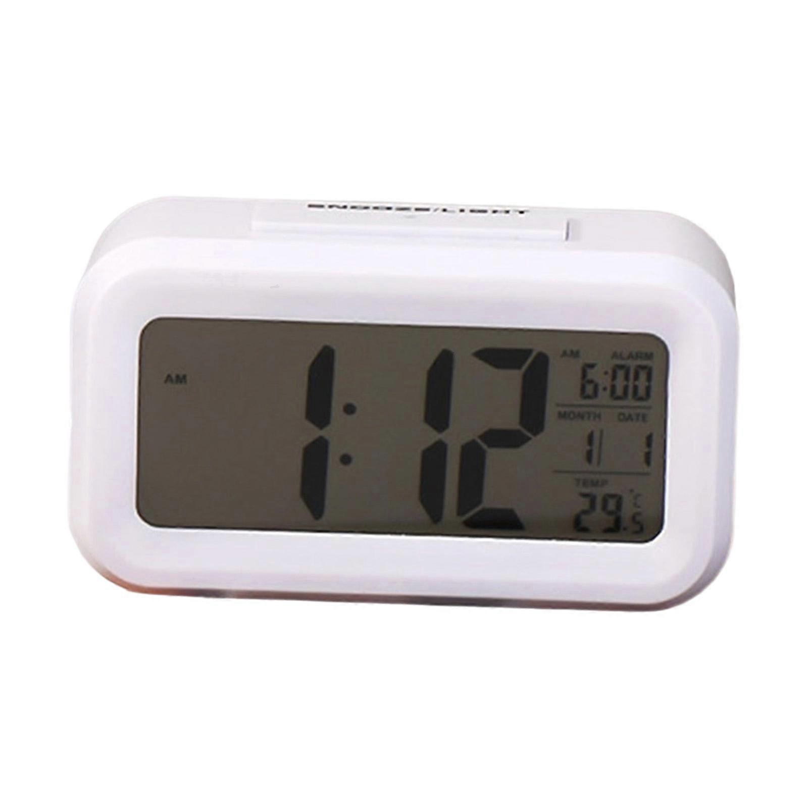 Plastic Digital Alarm Clock Calendar Display Temperature Monitor Snoozes Function Auto Nightlight Battery Operated White