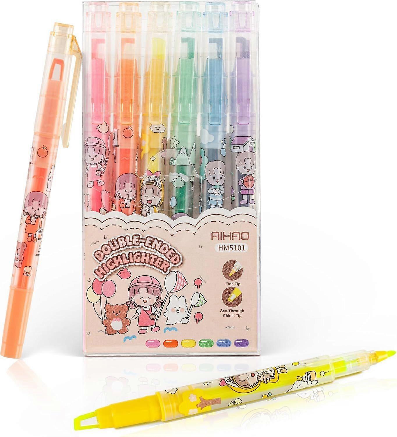 6-Piece Dual-Tip Highlighter Set - Assorted Colors with Clear Chisel & Fine Tips for Precise Highlighting Marking