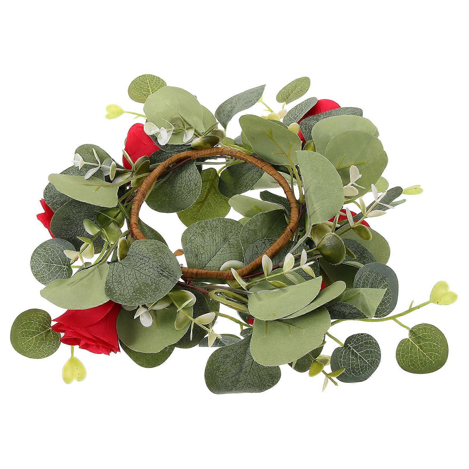 Artificial Rose Candle Ring for Pillars with Green Leaves Perfect for Party Use and Home Decoration Plastic 6.3 Inches