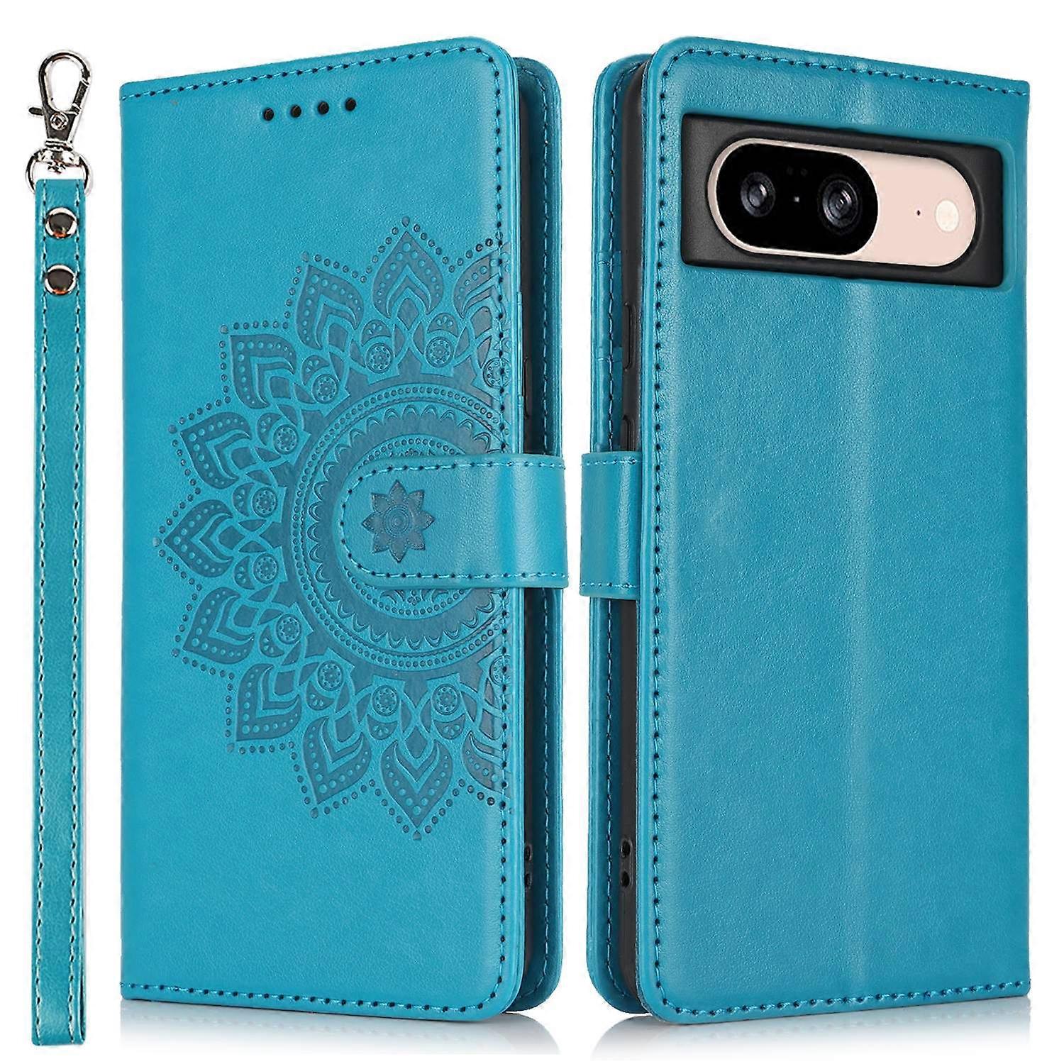 For Google Pixel 8 Case Textured Leather Wallet Phone Cover with Strap - Blue