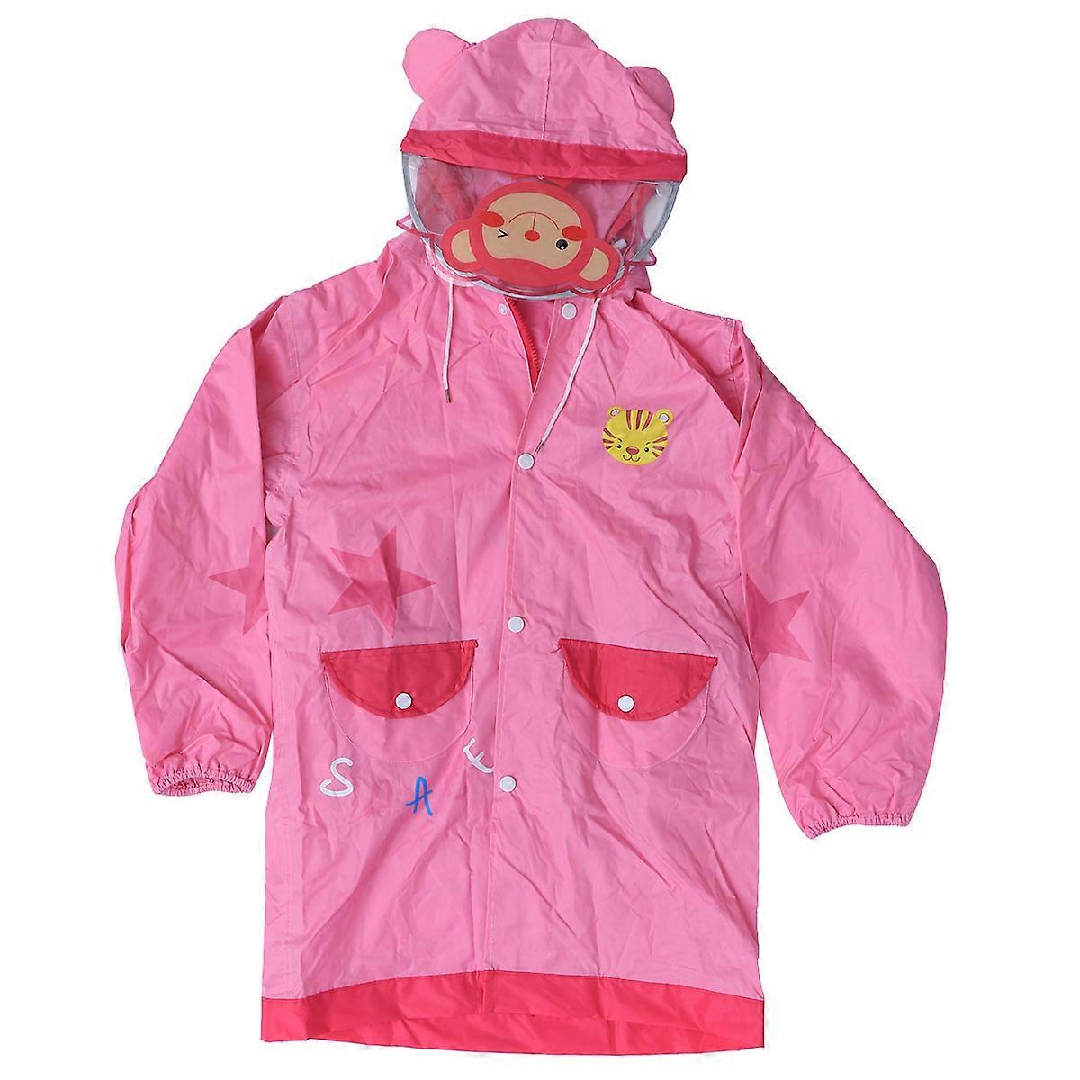 Rain Poncho Waterproof Hooded Raincoat for Kids Pink M Size Portable Foldable 1Pack