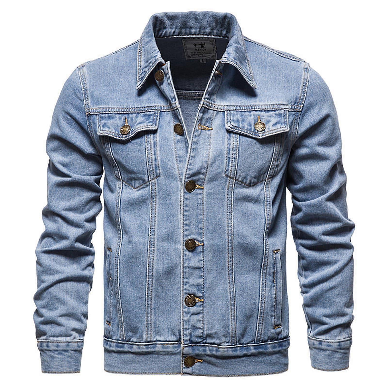 Denim Jacket For Men Transitional Washed Vintage Trucker Style With Pockets And Button Front Model BU1 Size XXL