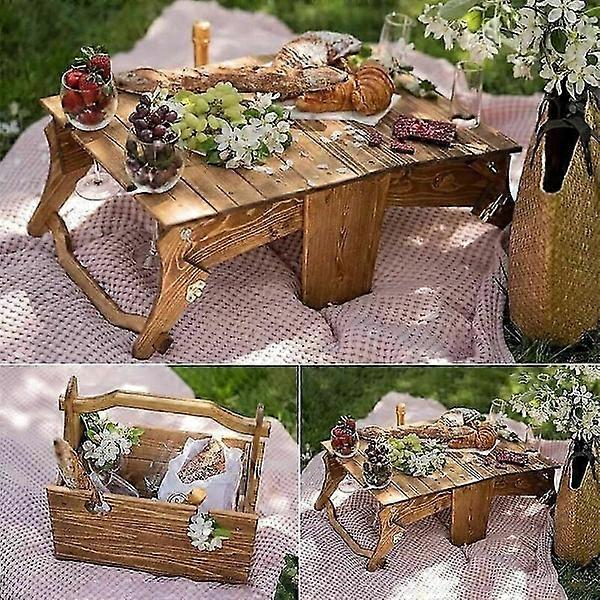 Foldable Wooden Picnic Basket for Outdoor Use, Portable Wine Picnic Table, 2-in-1