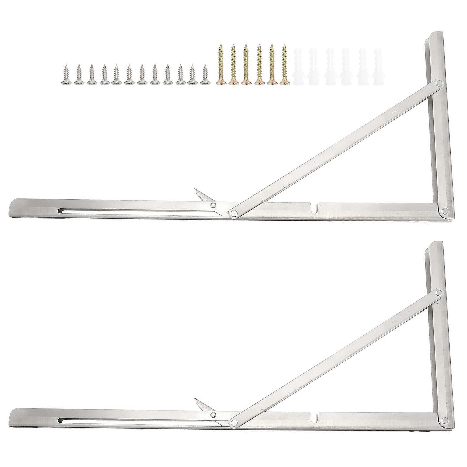 2Pcs Stainless Steel Folding Shelf Brackets Triangular Support Racks For Desk Board Microwave Oven In Silver With Storage Function