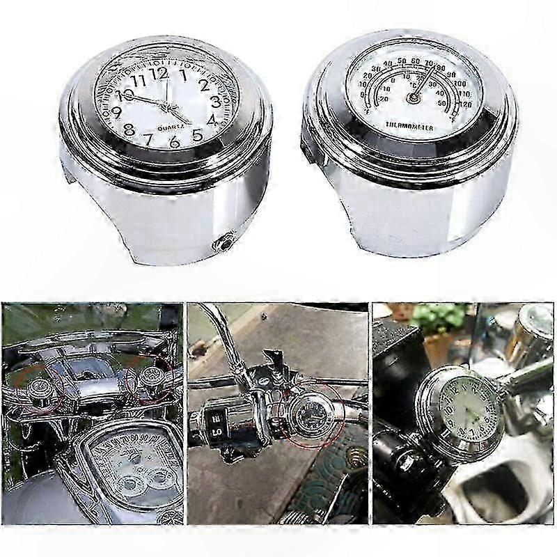 Silver Waterproof Motorcycle Handlebar Clock with Thermometer, Luminous Watch for 7/8" 1" Bars