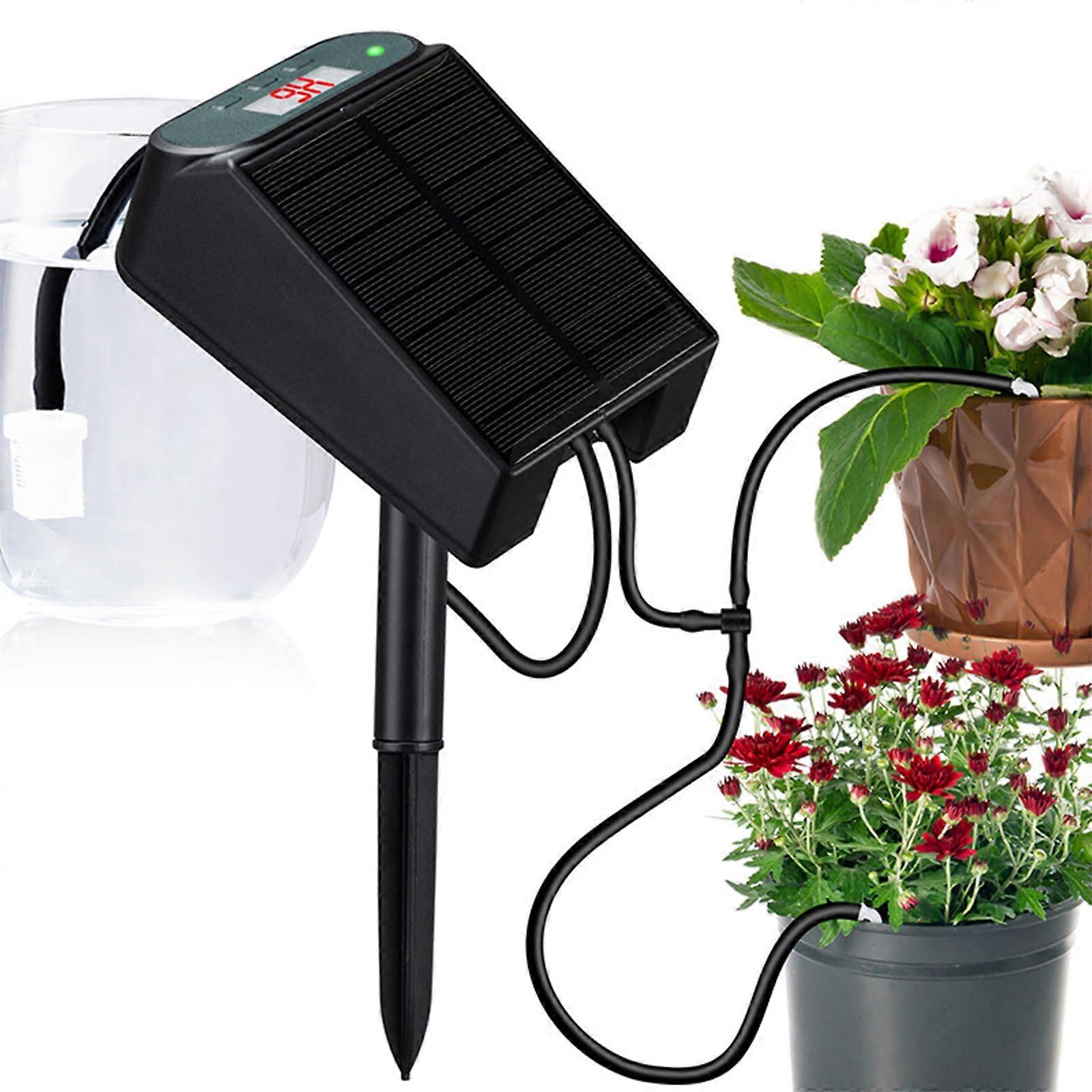 Hanzete Solar Auto Irrigation System 1.2W Output Drip Kit with 2200mAh Battery, 1-600s Timer, Anti-Siphon, 9 Plants