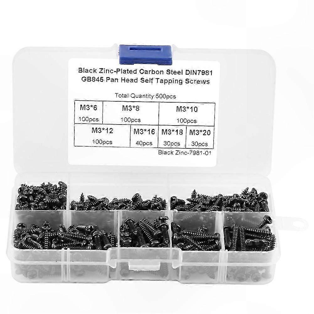 Self-Tapping Fastener Assortment - M3 Button Head Cross Drive Screws Set, 500 Pieces in Plastic Storage Box (Carbon Steel)