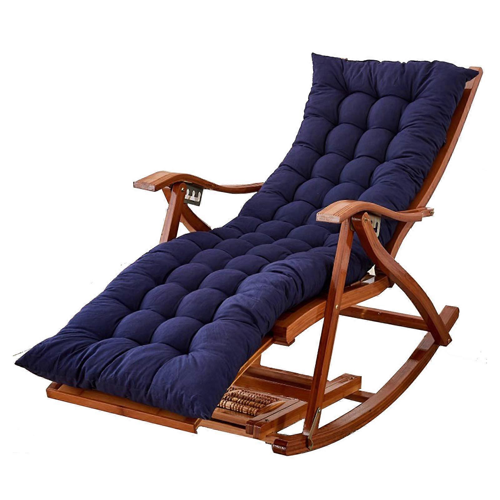 Adjustable Bamboo Sun Lounger Chair With Cotton Pad Retractable Footrest Portable Folding Rocking Pool Blue Cushion