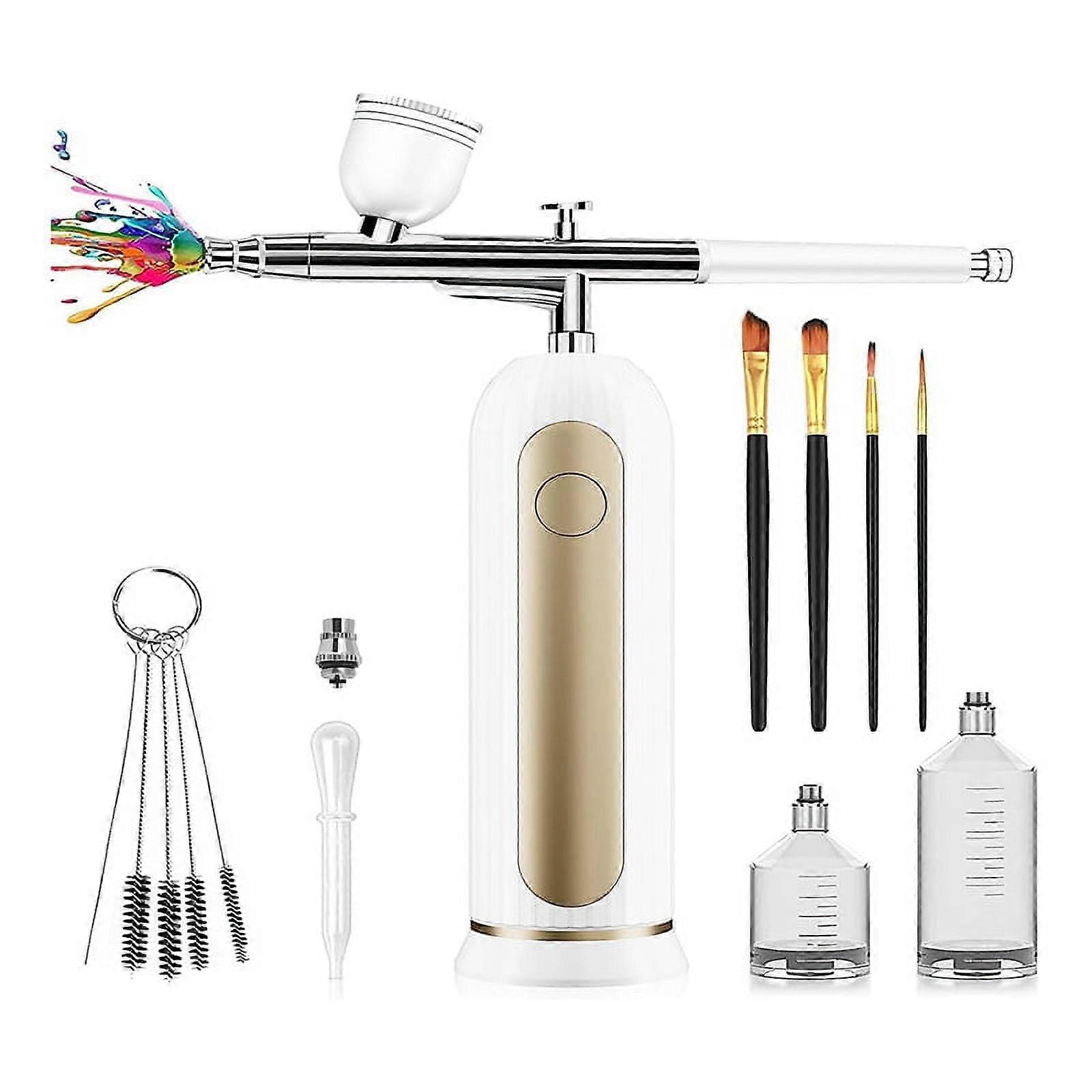 Rechargeable Cordless with Compressor - Portable Handheld Automatic Airbrush Set for Painting Cake Decorating Nail White
