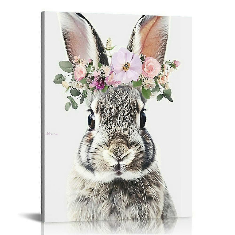 Awypu  Canvas Nursery Wall Art Girl,Bunny Print Nursery,Rabbit,Bunny Portrait,Easter Bunny Wall Art,Bunny With Flower Crown,Bunny Art,Bunny With Flowe