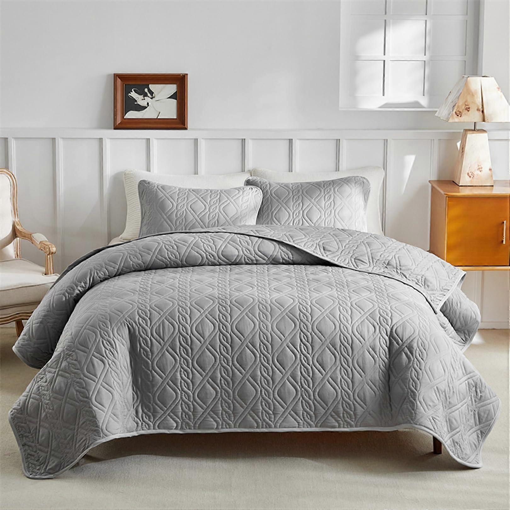 Bedspreads King Size 3Piece Set Soft Lightweight Quilted Diamond Pattern With 2 Pillowcases Grey
