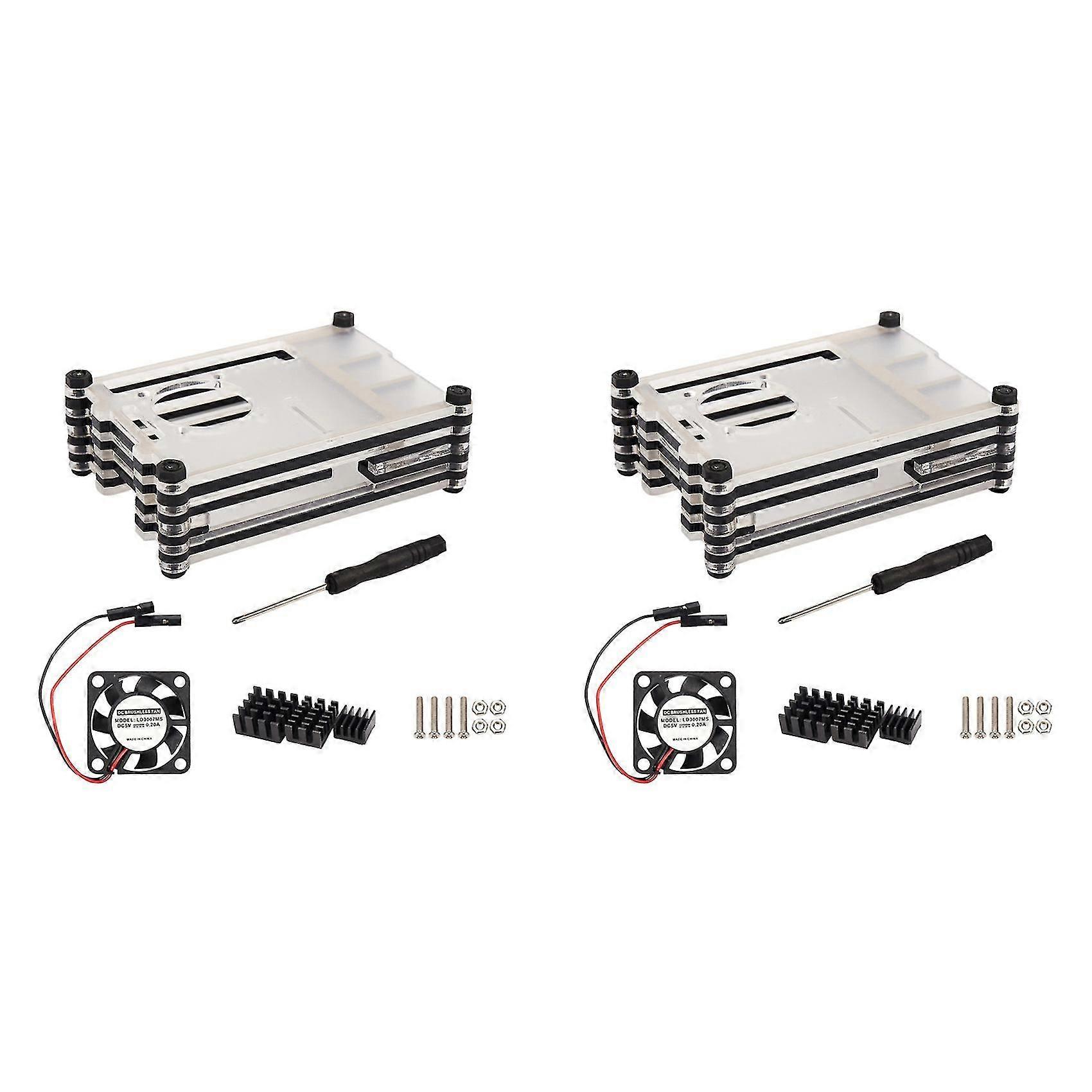 2x Acrylic Transparent / Clear & Black Case Cover For Raspberry Pi 4 Model B, With Cooling Fan For