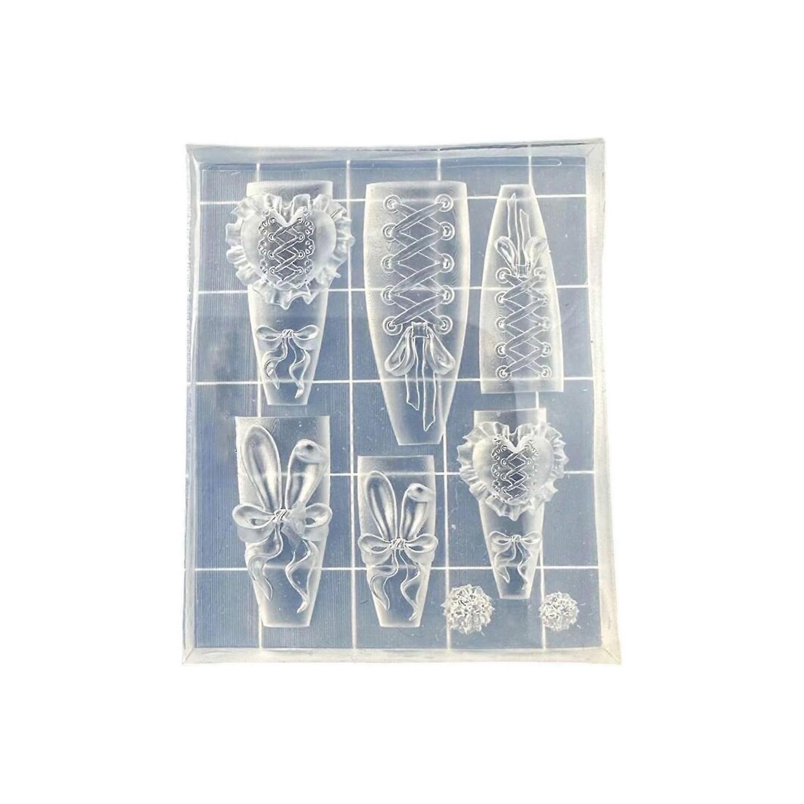 Transparent Elastic Nail Sculpture Mold With Heart Ribbon Patterns For Professional Manicure Multicolor