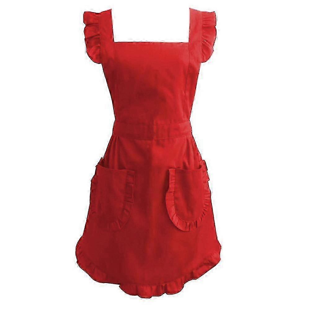 Retro Adjustable Ruffle Apron With Pockets, Small To Plus Size Ladies