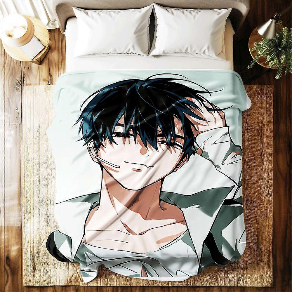 Anime Boy Smiling and Touching Hair High-Definition Digital Print Flannel Blanket, Soft Polyester Digital Print, Warm Mu-OPAZV3