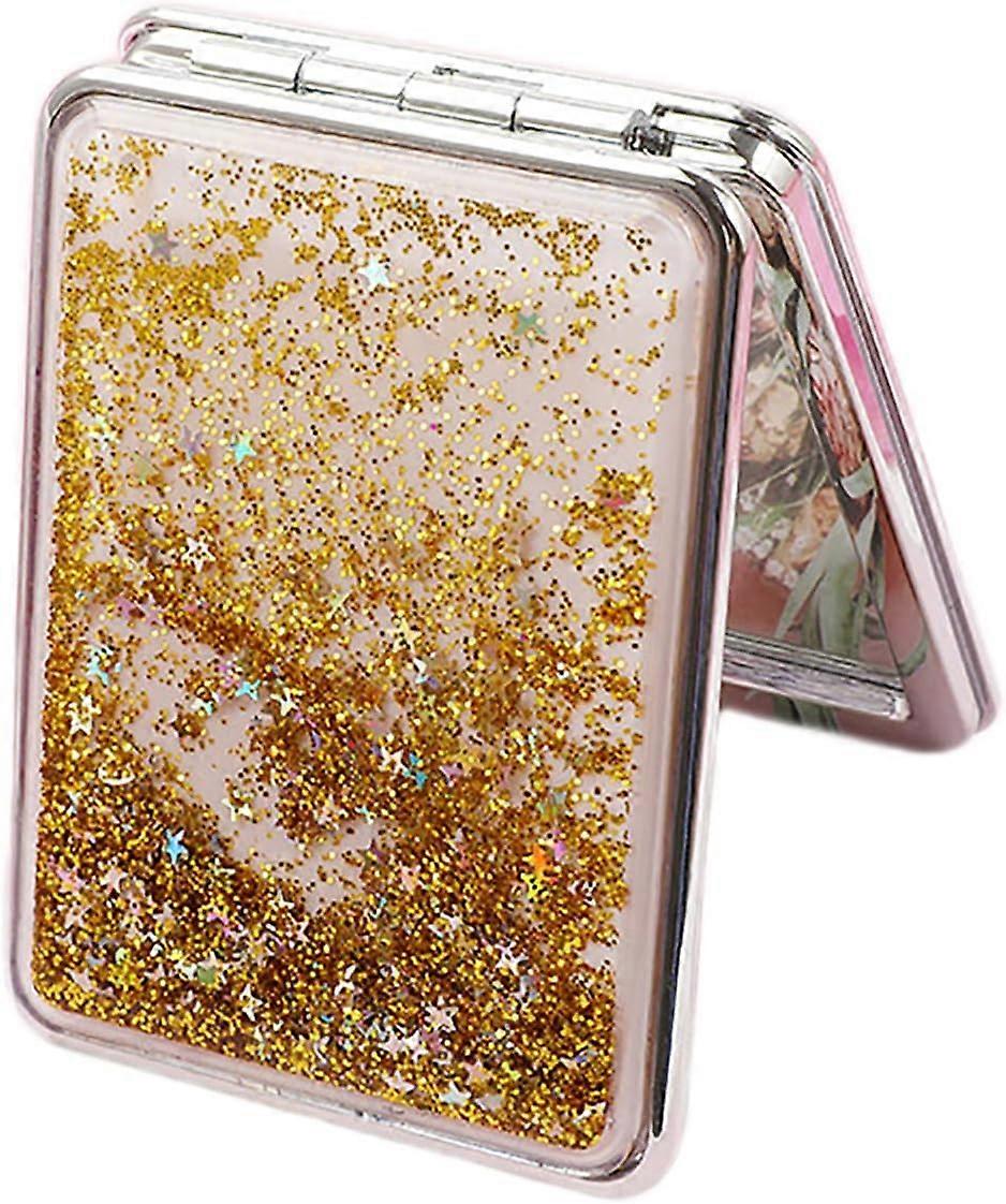 Travel Makeup Mirror with Quicksand Sparkling Design, DoubleSided Magnification, Small Folding Gold Cosmetic Mirror for Travel