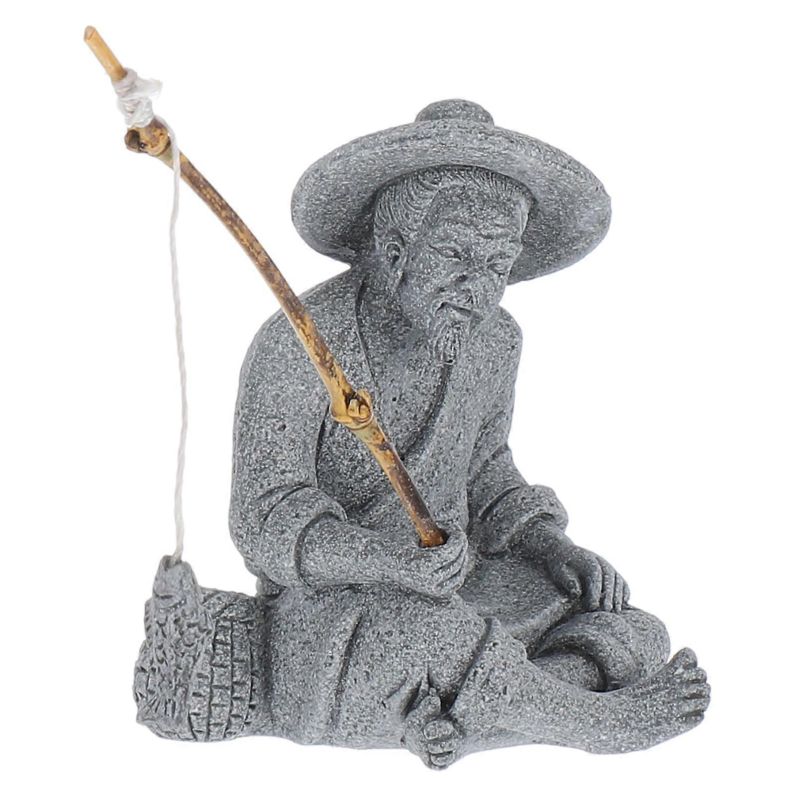 Mini Fisherman Statue for Decoration Using Sandstone Material Grey